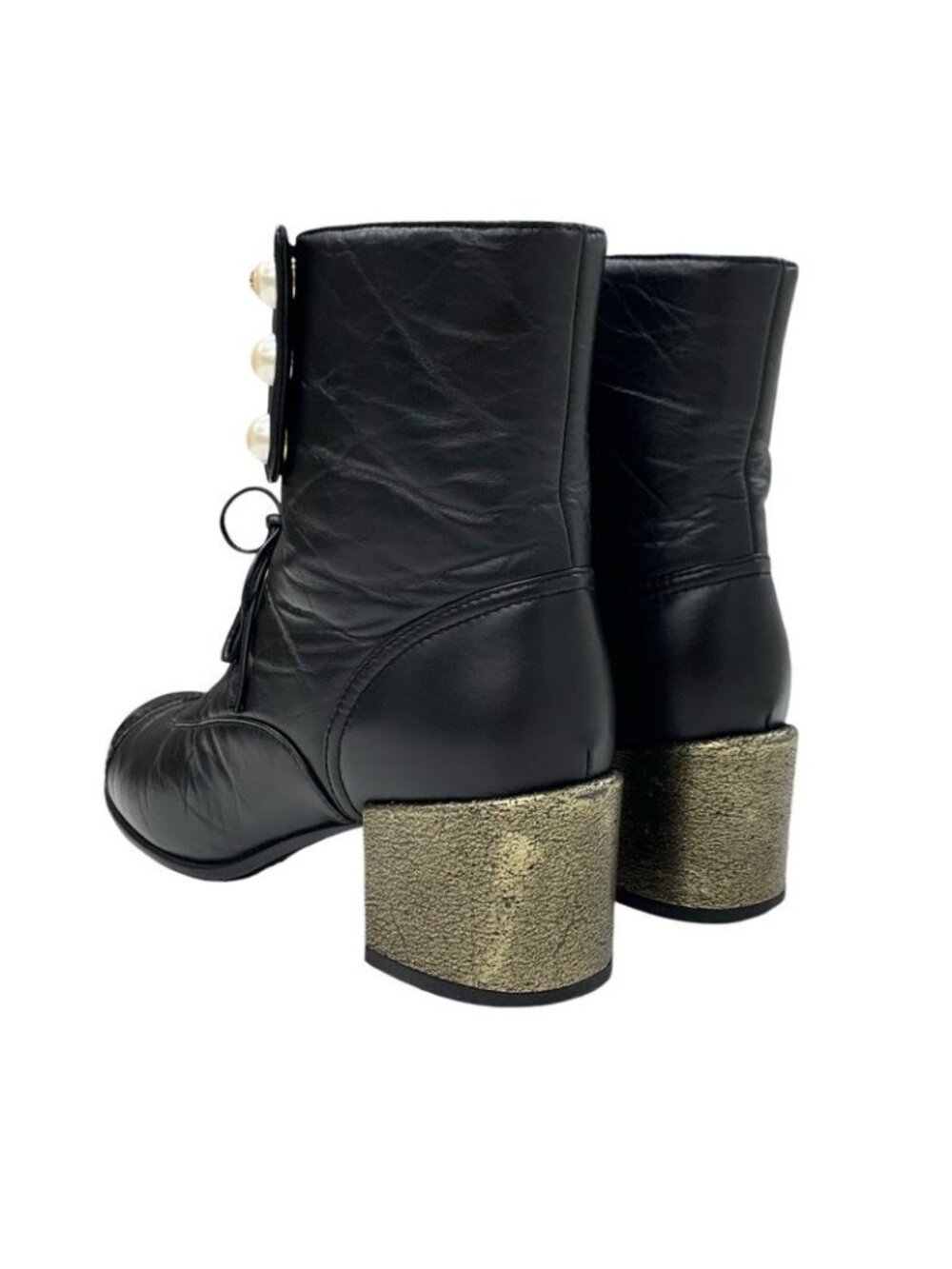 Chanel Boots Short Shoes Leather Black Coco Mark Pearl Lace Up Wrinkle - Picture 4 of 10